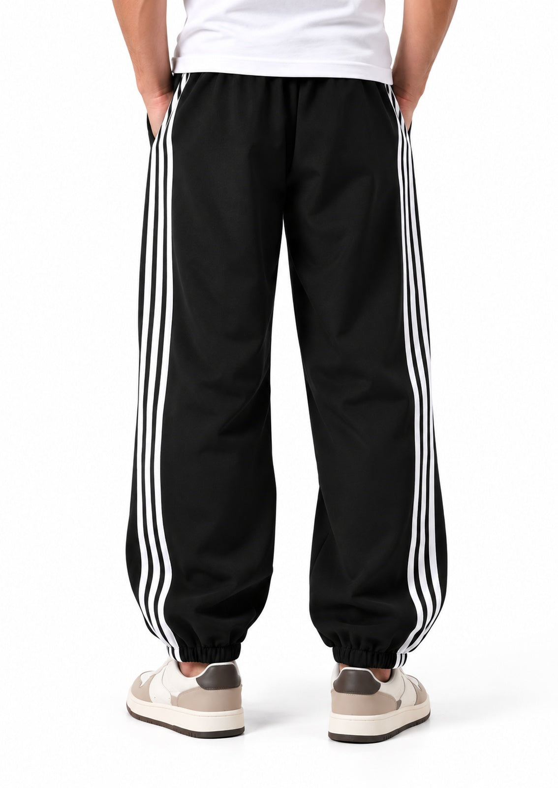 Trendy Tribe Men’s Jet Black Relaxed-Fit Trousers with Signature White Triple-Stripe Accents