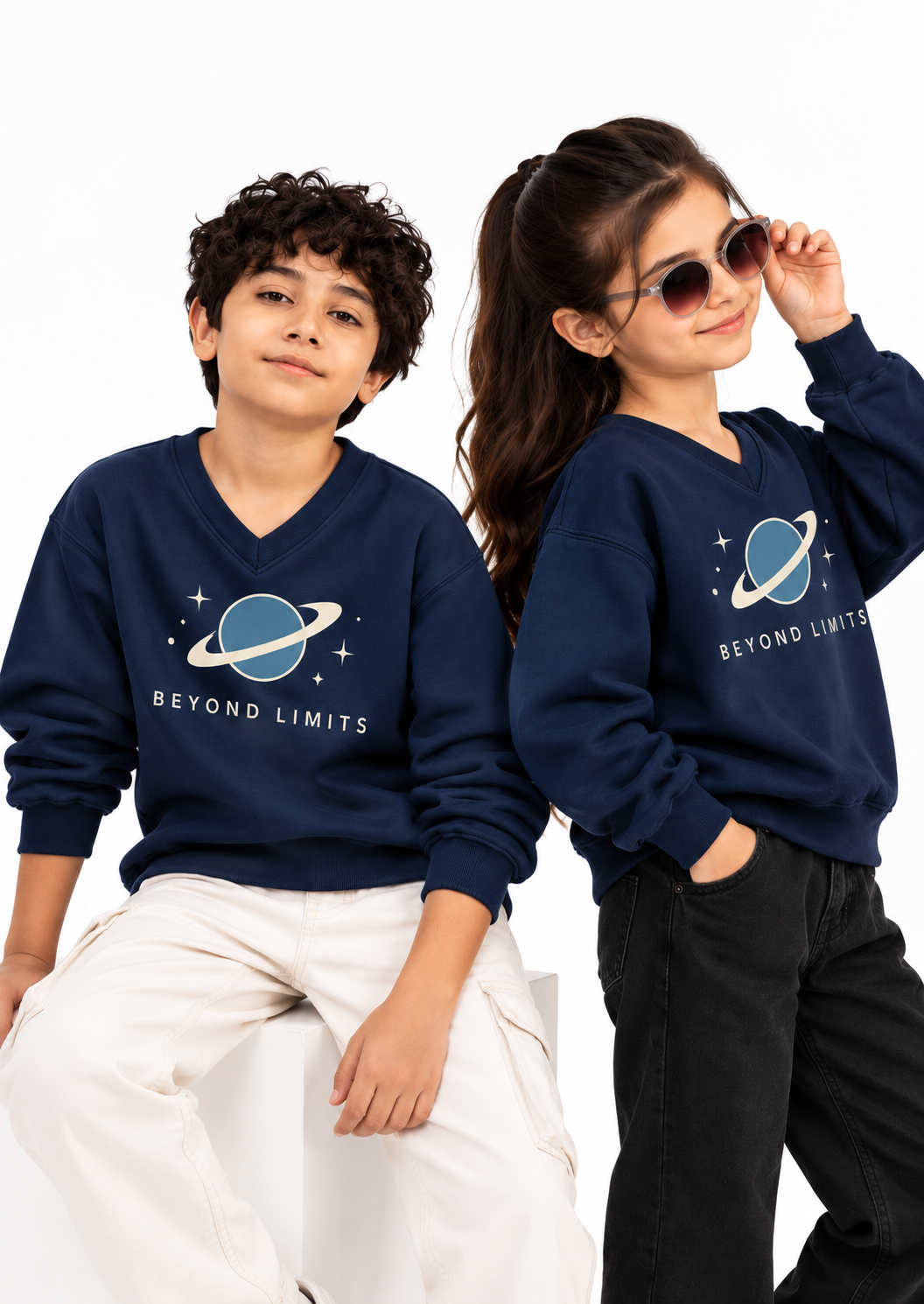 Trendy Tribe Kids’ Navy Blue V-Neck Sweatshirt – Space Graphic Pullover for Boys & Girls