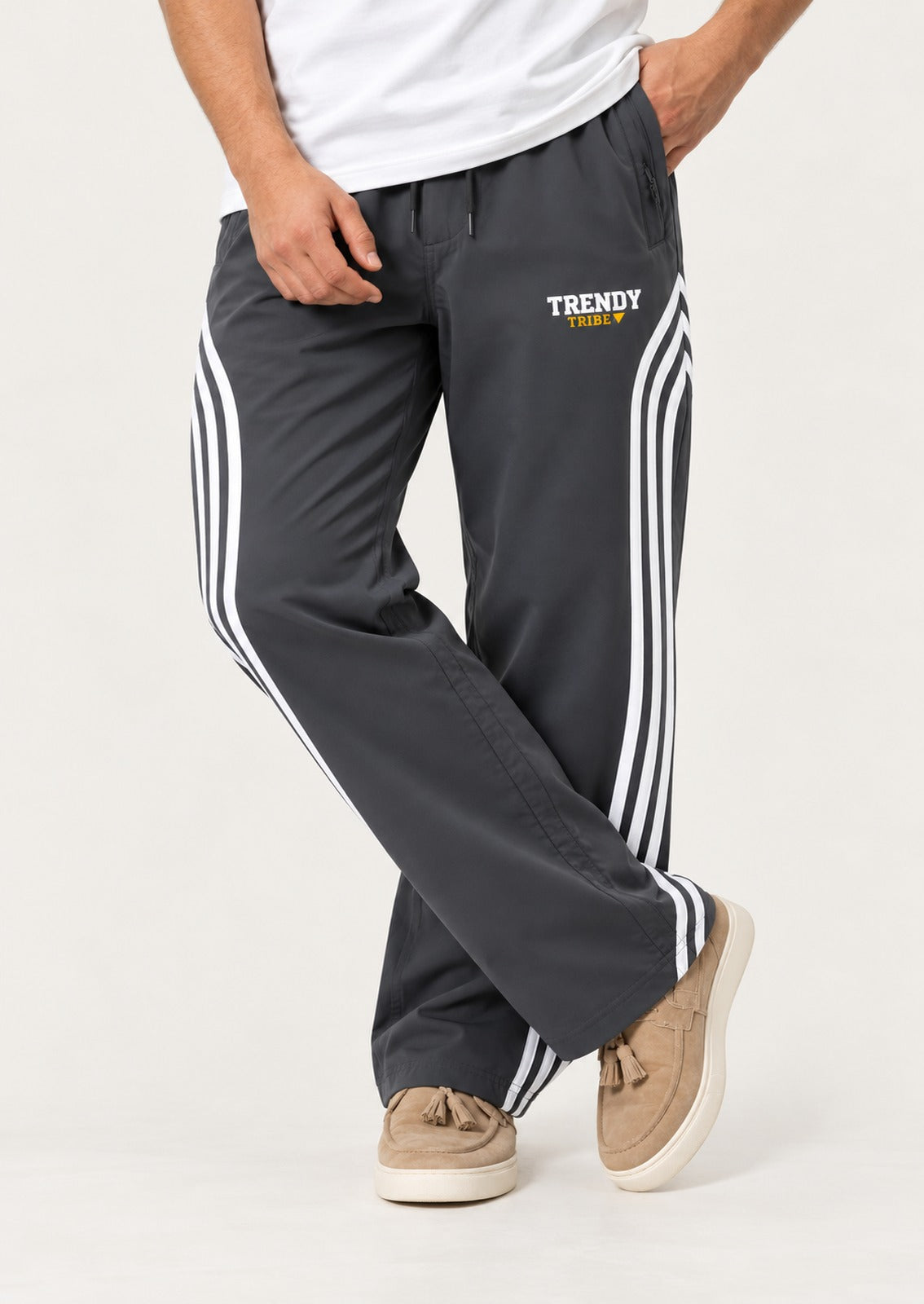 Trendy Tribe Men’s Slate Grey Relaxed-Fit Trousers with Contrasting White Triple-Stripe Detailing