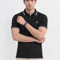 Trendy Tribe Men’s Charcoal Black Polo Shirt with White Double-Striped Collar and Sleeve Cuffs