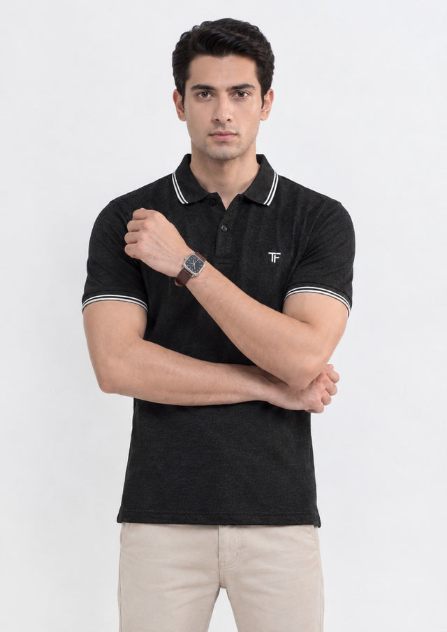 Trendy Tribe Men’s Charcoal Black Polo Shirt with White Double-Striped Collar and Sleeve Cuffs