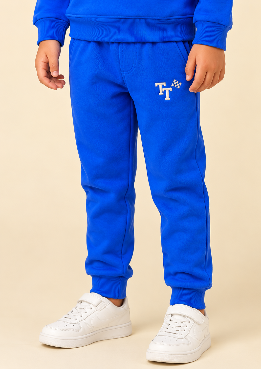 Trendy Tribe Kids’ Royal Blue Track Pants with Elastic Waistband and Racing Flag Logo