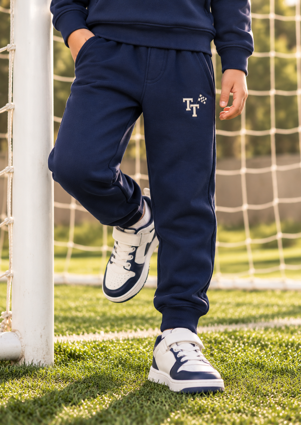Trendy Tribe Kids’ Dark Midnight Navy Blue Trouser with Contrast Racing Flag Emblem