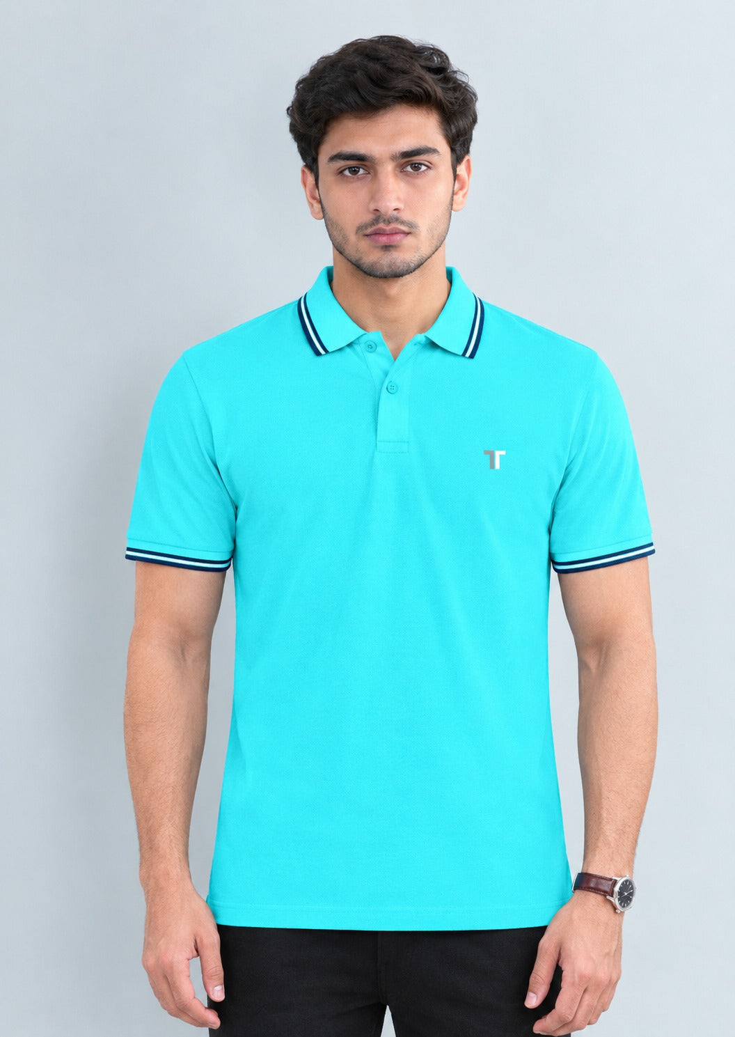 Trendy Tribe Men’s Aqua Blue Polo Shirt with Navy Blue Striped Collar and Sleeve Cuffs