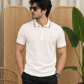 Trendy Tribe Men’s White Blush ivory Polo Shirt with Taupe Brown Striped Collar and Sleeve Cuffs