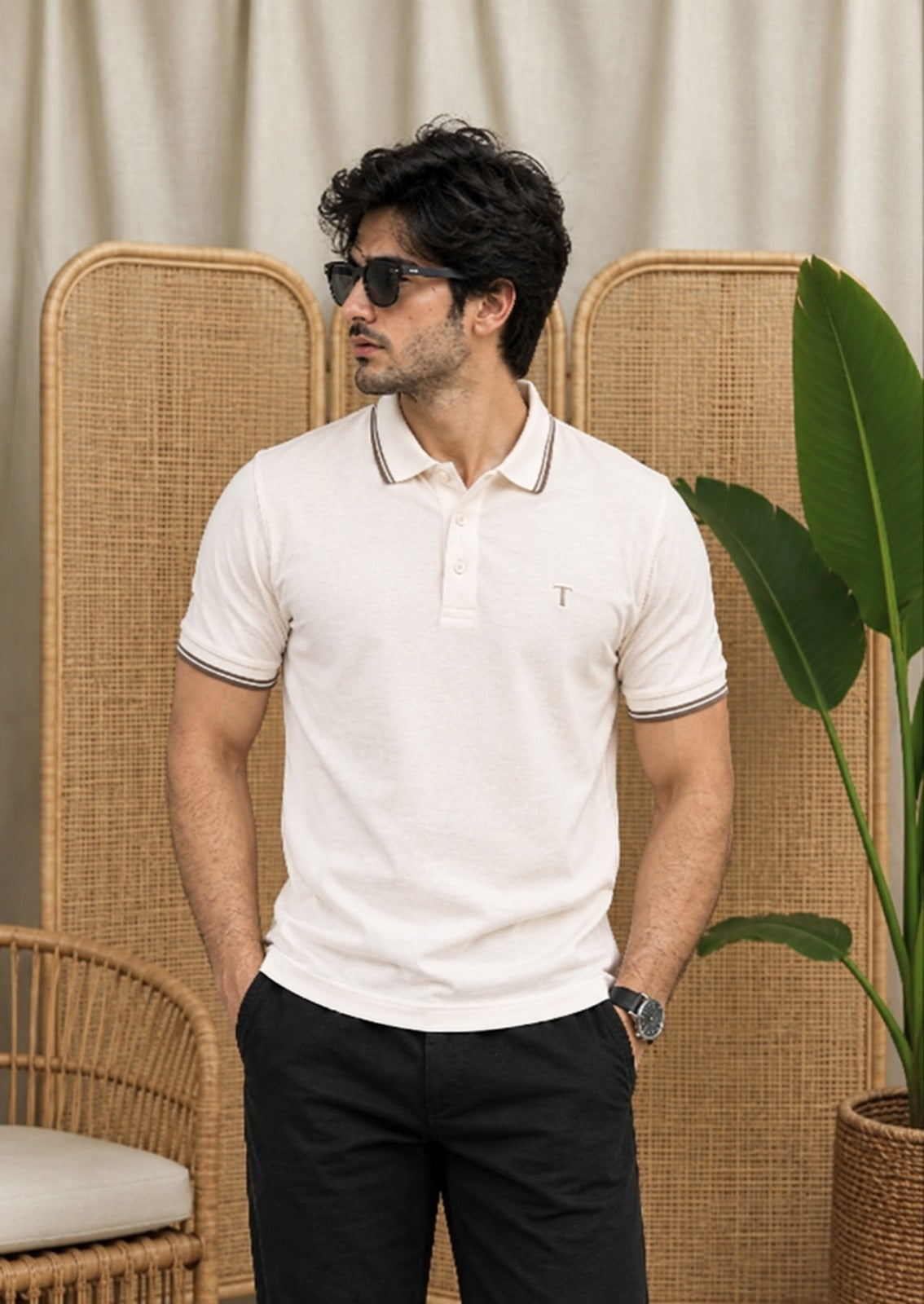 Trendy Tribe Men’s White Blush ivory Polo Shirt with Taupe Brown Striped Collar and Sleeve Cuffs