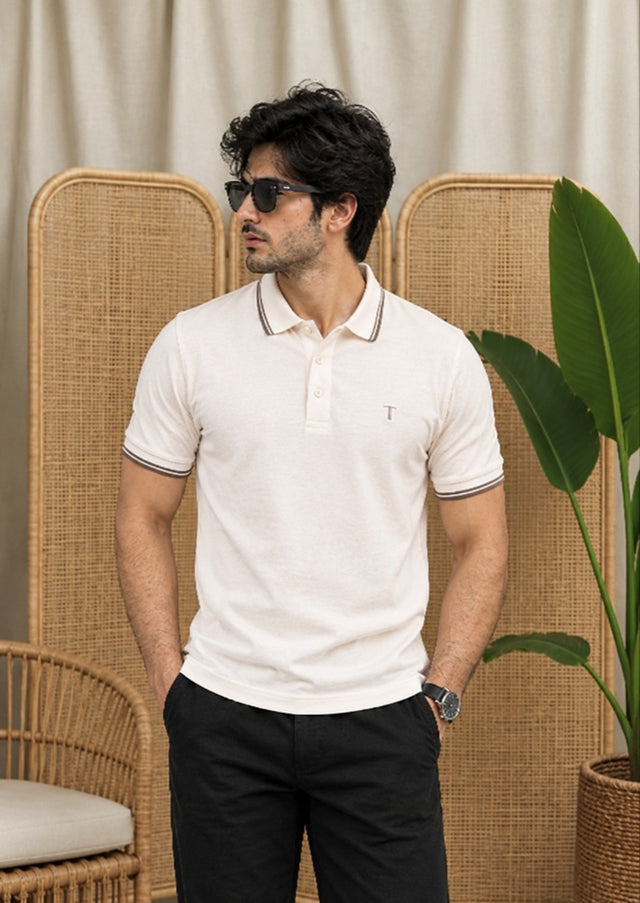 Trendy Tribe Men’s White Blush ivory Polo Shirt with Taupe Brown Striped Collar and Sleeve Cuffs