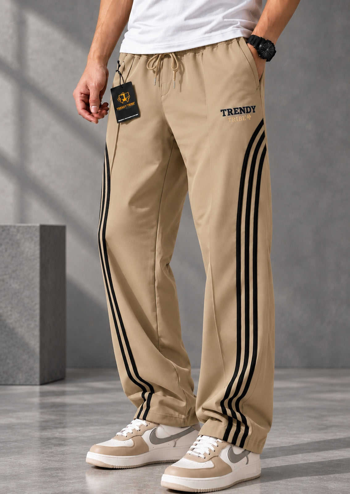 Trendy Tribe Men’s Sand Beige Relaxed-Fit Trousers with Bold Black Triple-Stripe Detailing