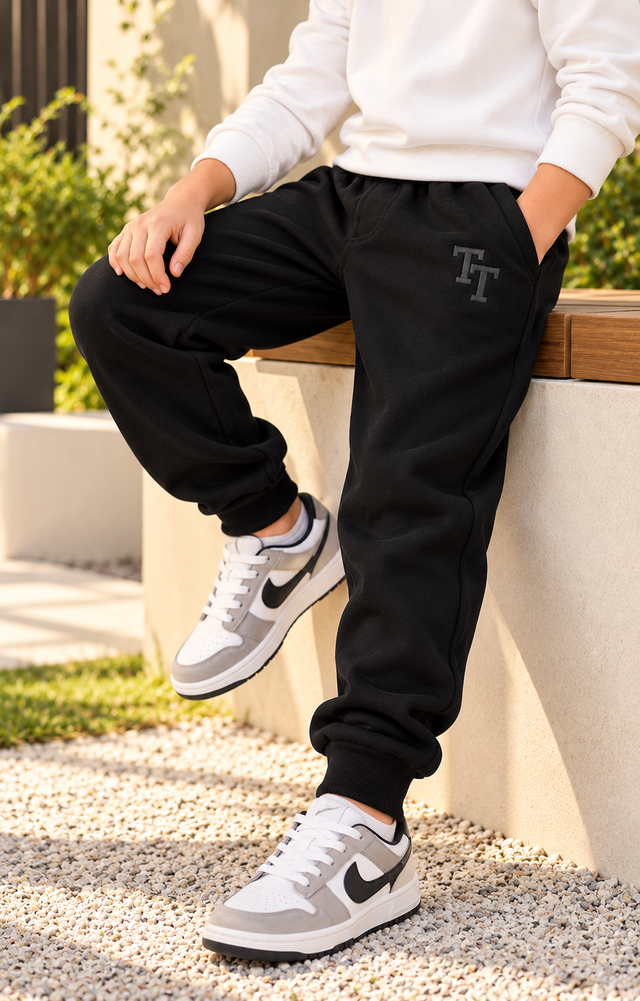Trendy Tribe Kids’ Black Trouser with Ribbed Cuffs and Signature Tonal Logo