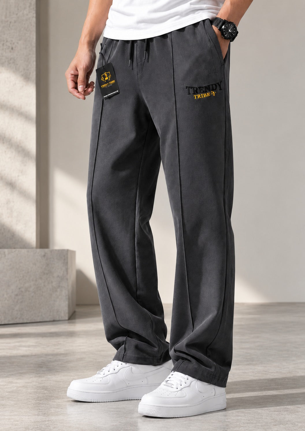 Trendy Tribe Men’s Washed Charcoal Grey Relaxed-Fit Trousers with Contemporary Wide-Leg Styling