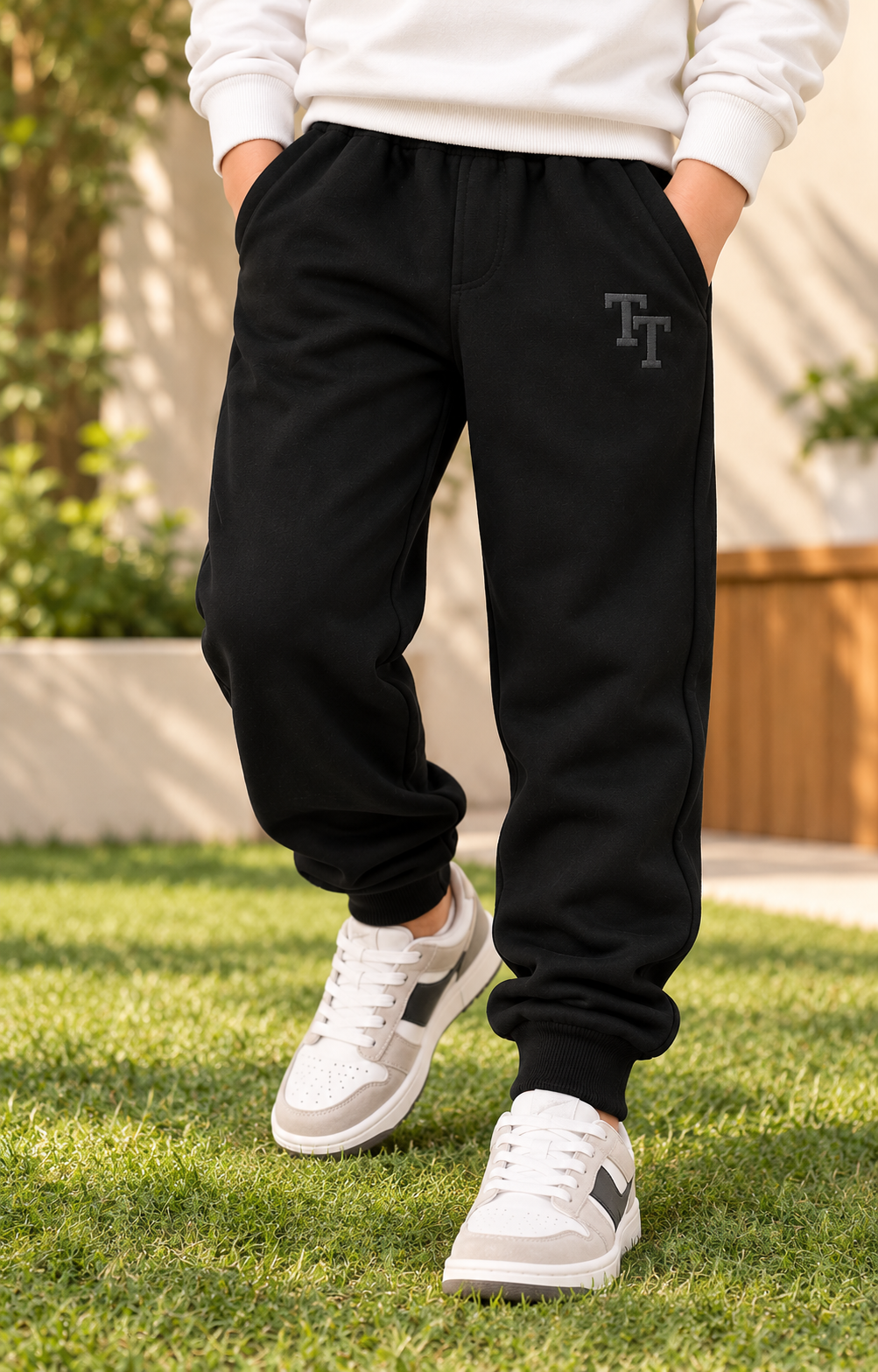 Trendy Tribe Kids’ Black Trouser with Ribbed Cuffs and Signature Tonal Logo