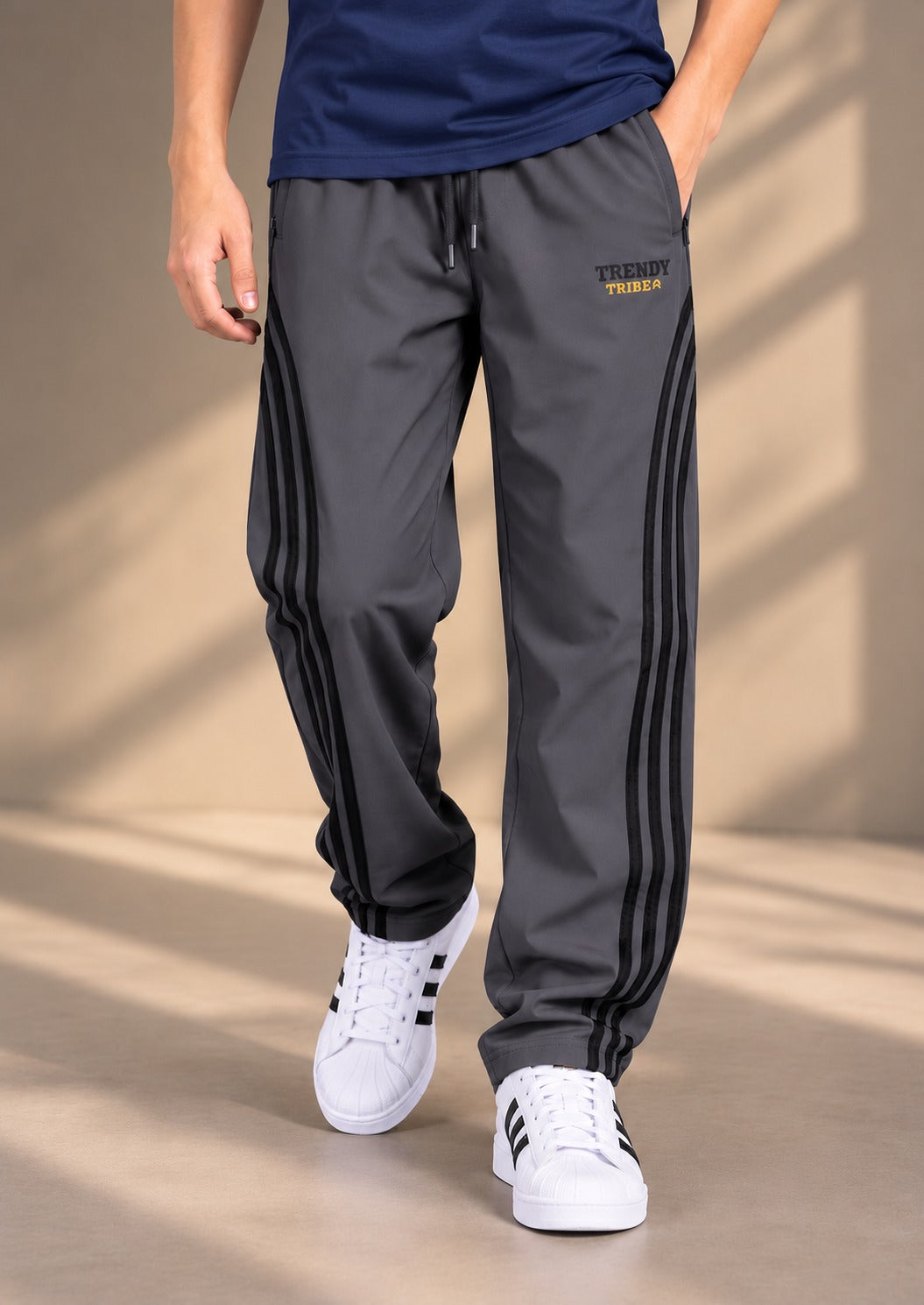 Trendy Tribe Men’s Graphite Grey Relaxed-Fit Trousers with Black Triple-Stripe Side Detailing