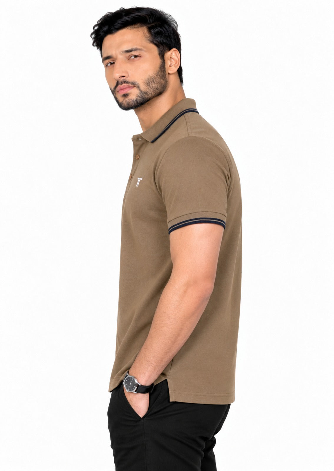 Trendy Tribe Men’s Camel Brown Polo Shirt with Navy Blue Striped Collar and Sleeve Cuffs
