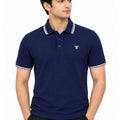 Trendy Tribe Men’s Navy Blue Polo Shirt with White Double-Striped Collar and Sleeve Cuffs