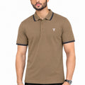 Trendy Tribe Men’s Camel Brown Polo Shirt with Navy Blue Striped Collar and Sleeve Cuffs