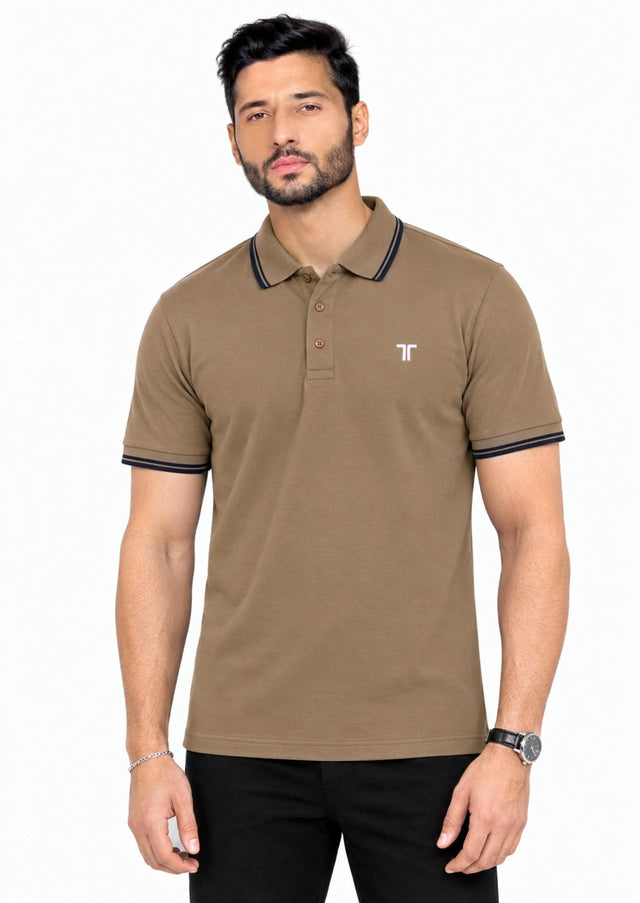 Trendy Tribe Men’s Camel Brown Polo Shirt with Navy Blue Striped Collar and Sleeve Cuffs