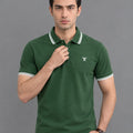 Trendy Tribe Men’s Forest Green Polo Shirt with Contrast Striped Collar & Cuffs