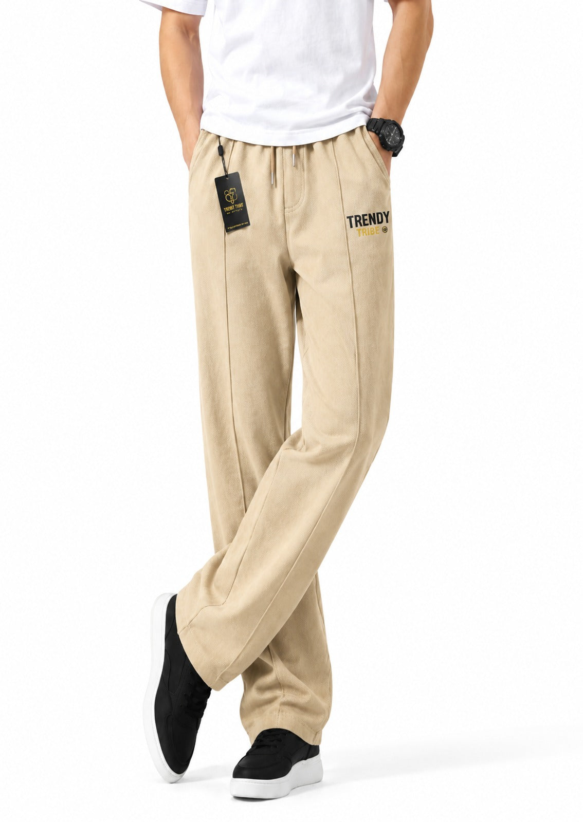 Trendy Tribe Men’s Sand Beige Contemporary Loose-Fit Trousers with Minimalist Streetwear Style