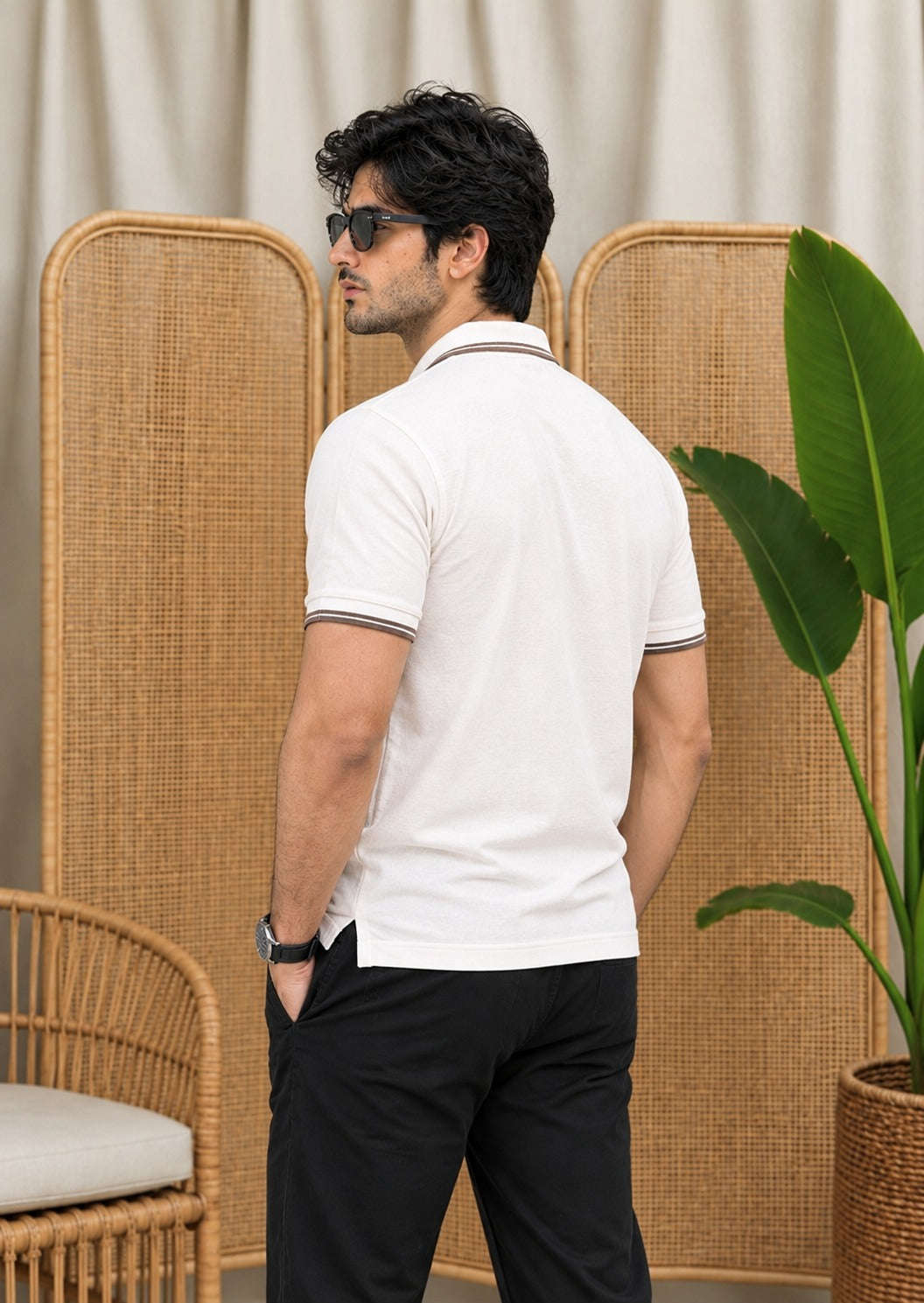 Trendy Tribe Men’s White Blush ivory Polo Shirt with Taupe Brown Striped Collar and Sleeve Cuffs