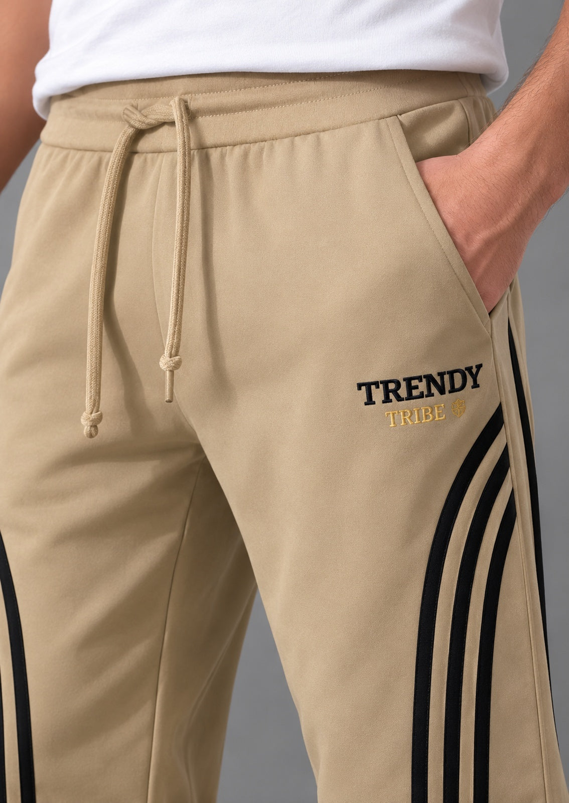 Trendy Tribe Men’s Sand Beige Relaxed-Fit Trousers with Bold Black Triple-Stripe Detailing