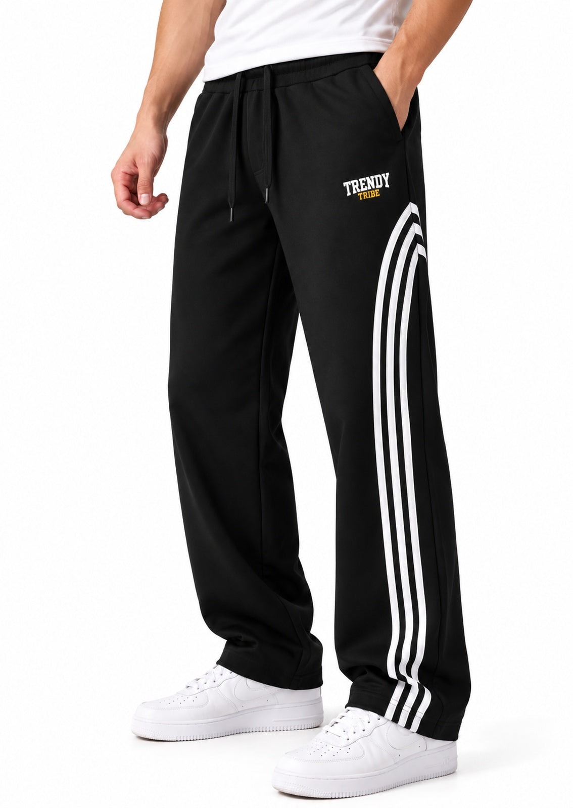 Trendy Tribe Men’s Jet Black Relaxed-Fit Trousers with Signature White Triple-Stripe Accents