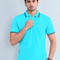 Trendy Tribe Men’s Aqua Blue Polo Shirt with Navy Blue Striped Collar and Sleeve Cuffs