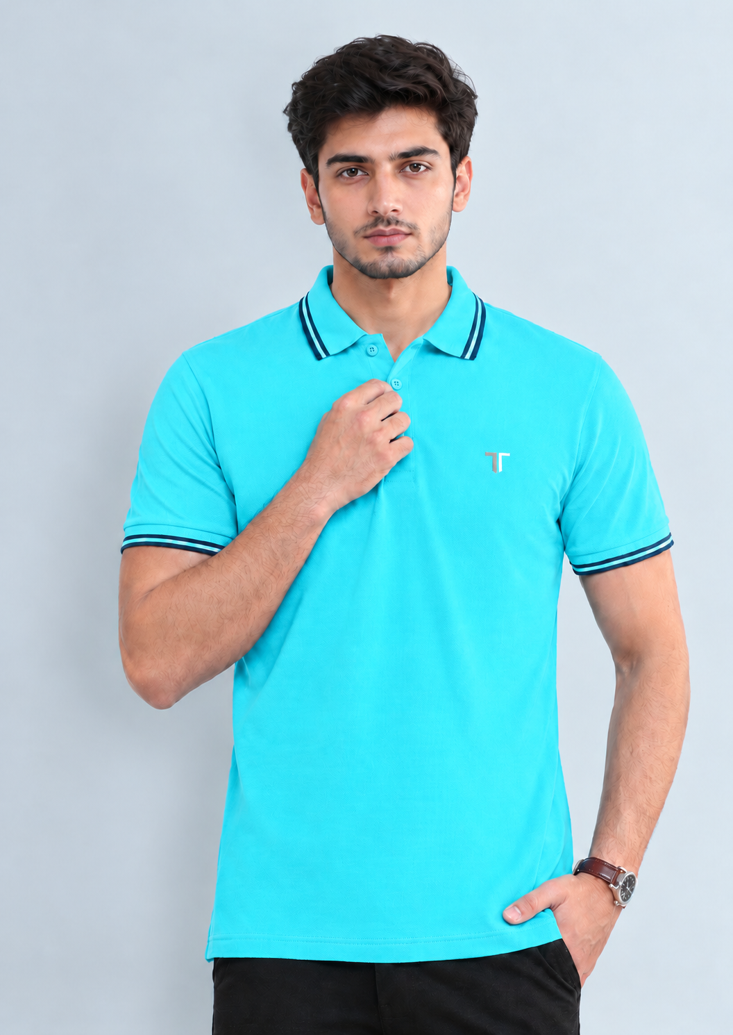 Trendy Tribe Men’s Aqua Blue Polo Shirt with Navy Blue Striped Collar and Sleeve Cuffs