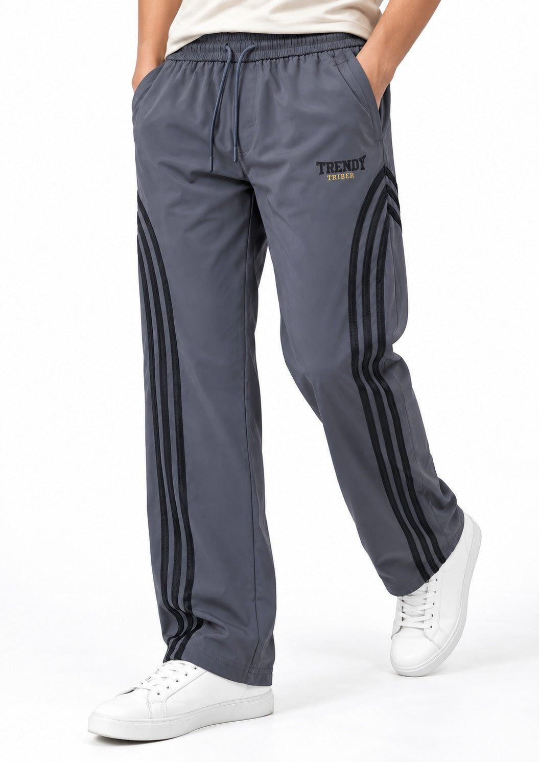Trendy Tribe Men’s Graphite Grey Relaxed-Fit Trousers with Black Triple-Stripe Side Detailing