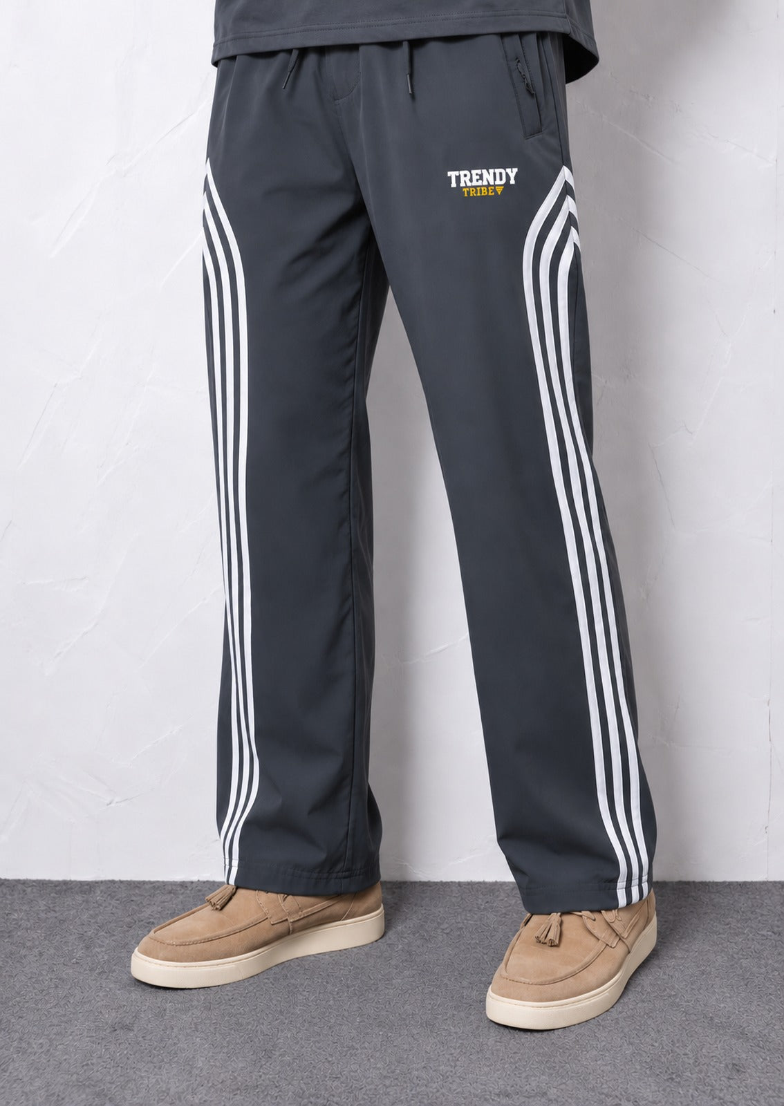 Trendy Tribe Men’s Slate Grey Relaxed-Fit Trousers with Contrasting White Triple-Stripe Detailing