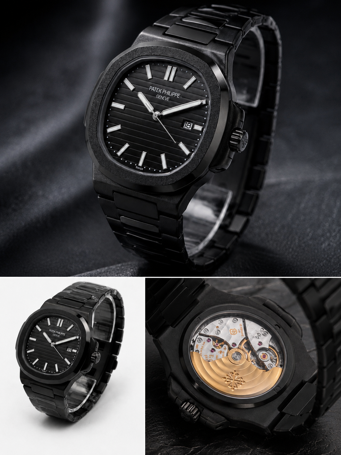 "Premium men's black automatic wristwatch featuring a stainless steel bracelet, analog display, date window, sapphire-style crystal, and exhibition case back for luxury everyday wear."