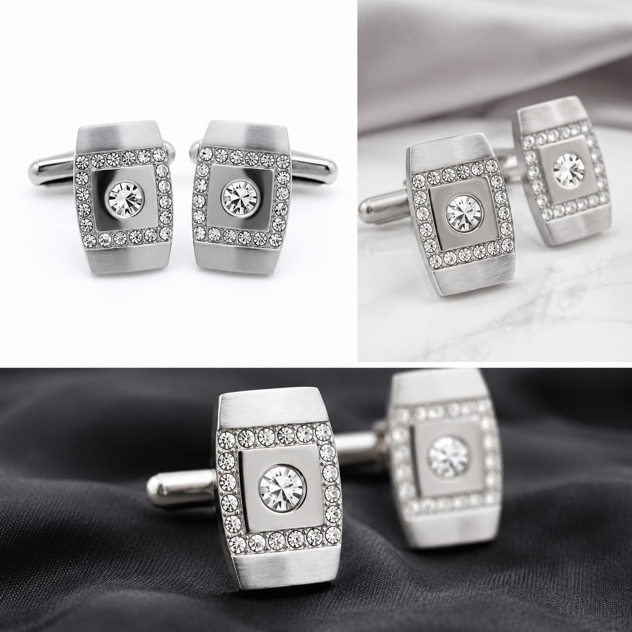 Luxury Crystal Square Cufflinks for Men – Premium Silver Stainless Steel Formal Shirt Cuff Links