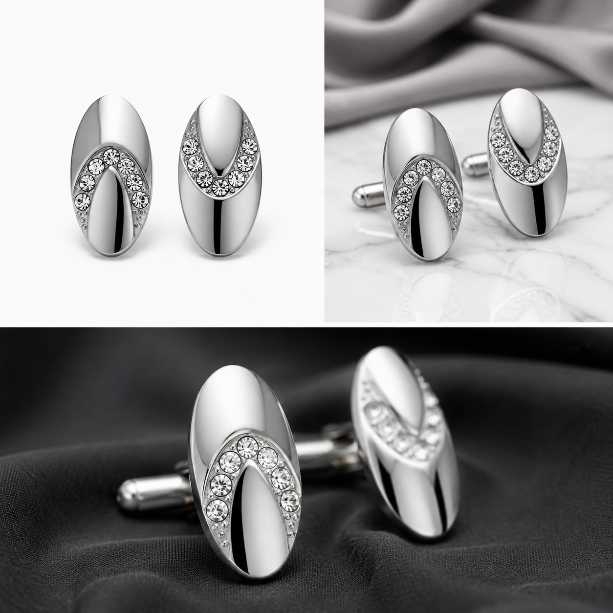 Luxury Oval Crystal Cufflinks for Men – Premium Silver Stainless Steel Formal Shirt Cuff Links