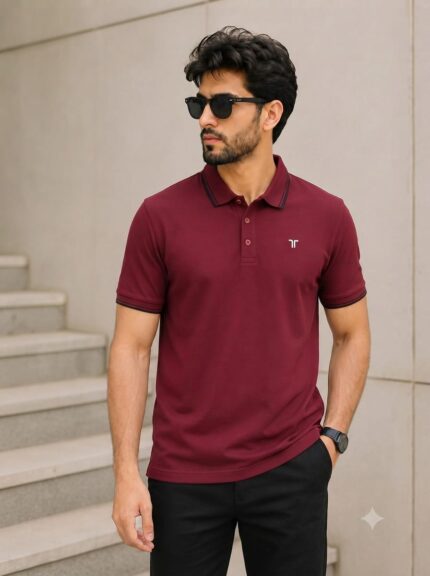 Men's maroon polo shirt with black tipped collar and sleeves, premium short sleeve cotton polo t-shirt for casual, smart casual, and everyday wear