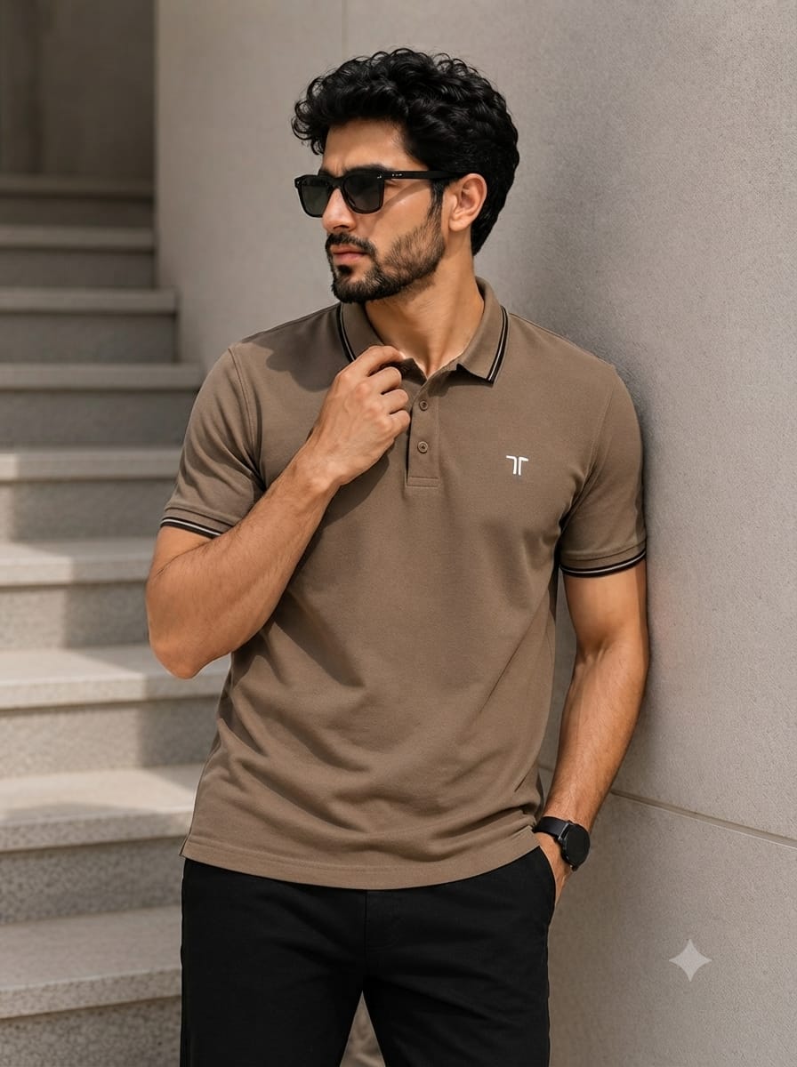 Men's taupe brown premium cotton polo shirt with contrast tipping collar, short sleeves, and modern slim fit casual fashion tee"