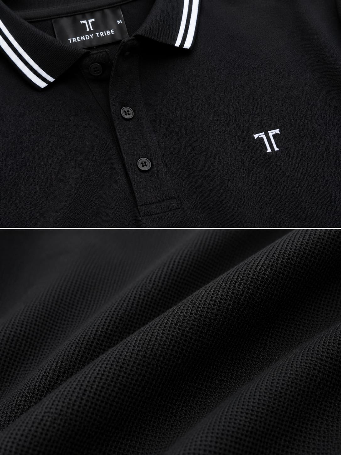 Trendy Tribe black men's polo shirt with embroidered TT logo, premium pique cotton fabric and white striped collar.