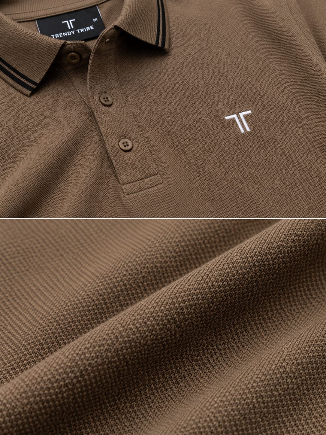 Trendy Tribe Taupe brown men's polo shirt with embroidered TT logo, premium pique cotton fabric and black striped collar.