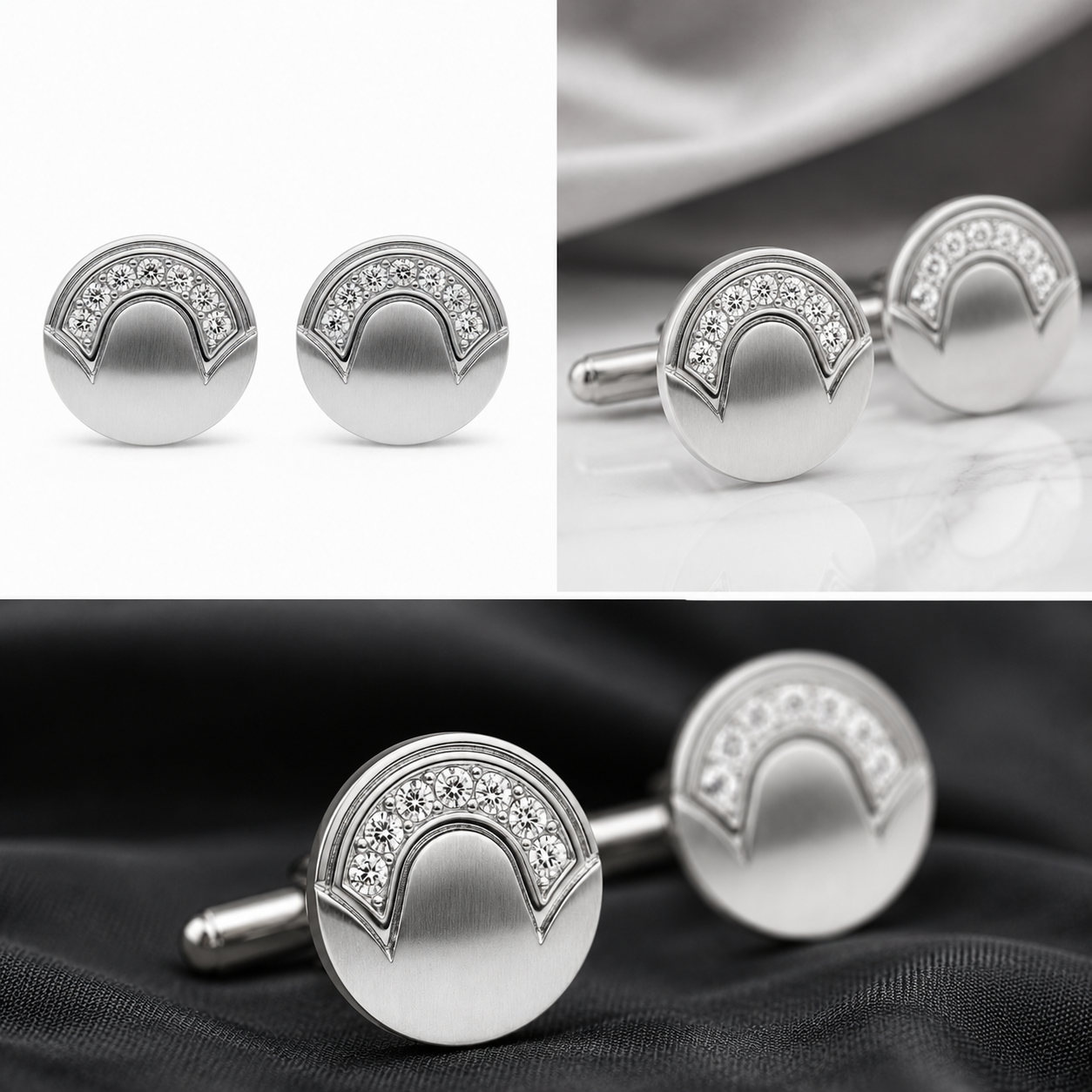 Luxury Round Crystal Cufflinks for Men – Premium Silver Stainless Steel Formal Shirt Cuff Links