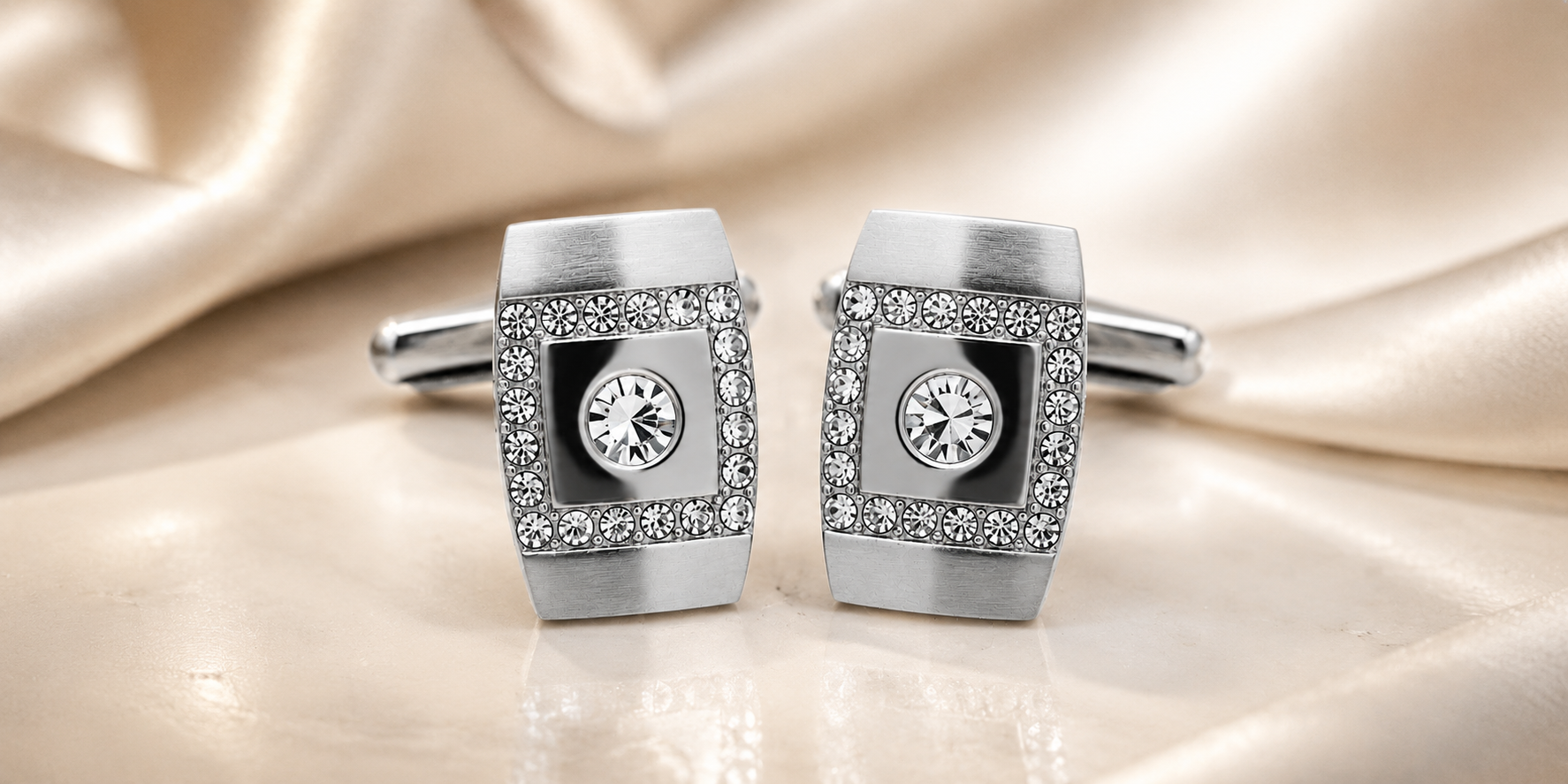 "Premium silver crystal square cufflinks for men."
