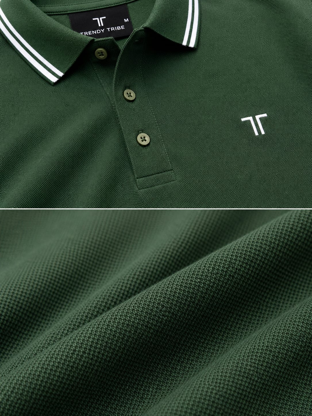 Trendy Tribe forest green men's polo shirt with embroidered TT logo, premium pique cotton fabric and white striped collar.