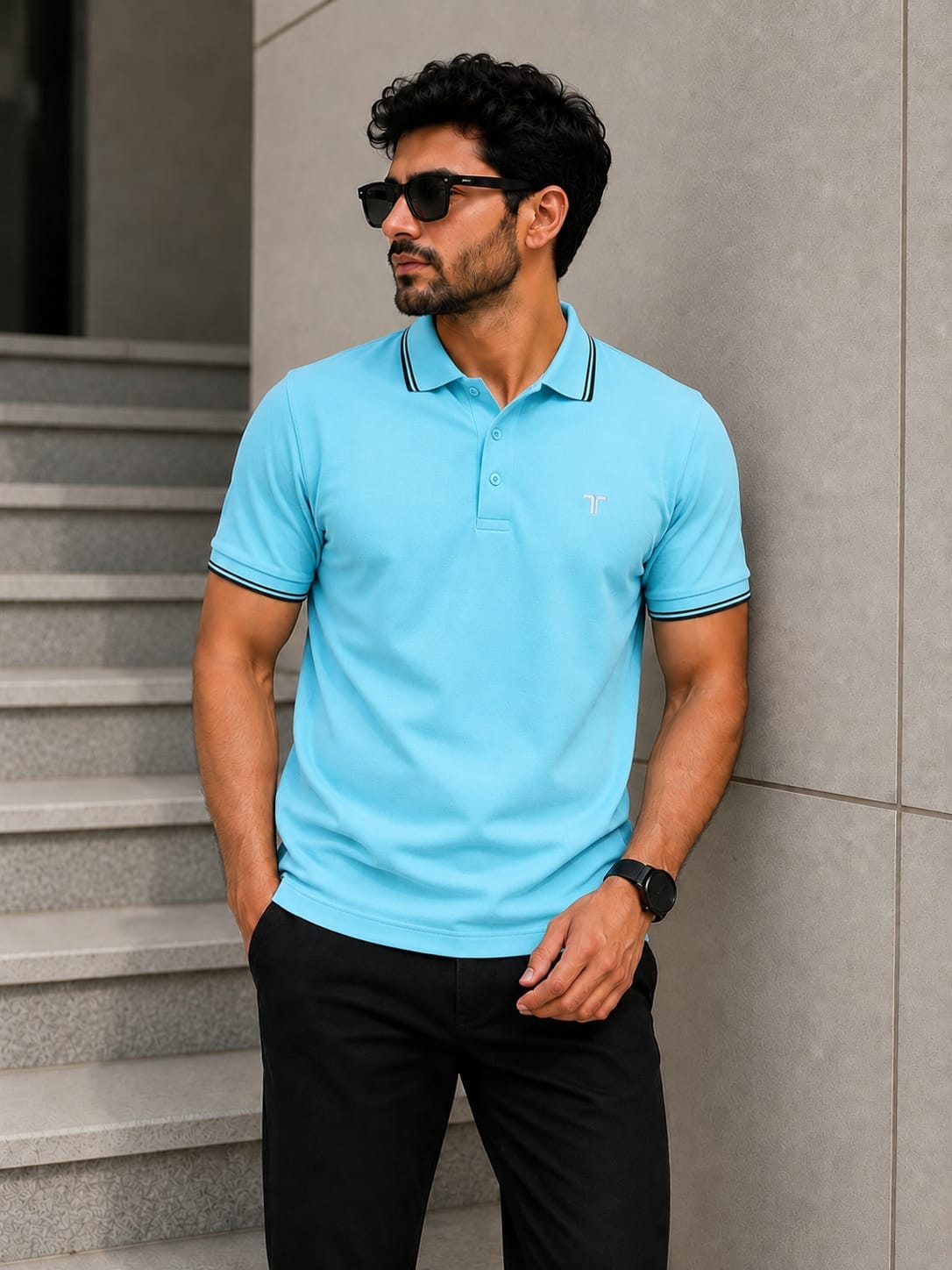 "Men's Aqua polo shirt with black collar trim, casual short-sleeve cotton polo T-shirt for everyday wear, front view on male model."