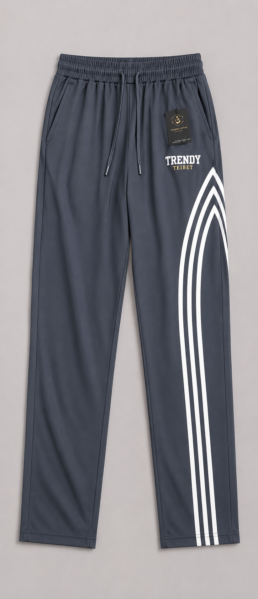 Men's dark grey track trousers with white side stripes, elastic waistband and drawstring