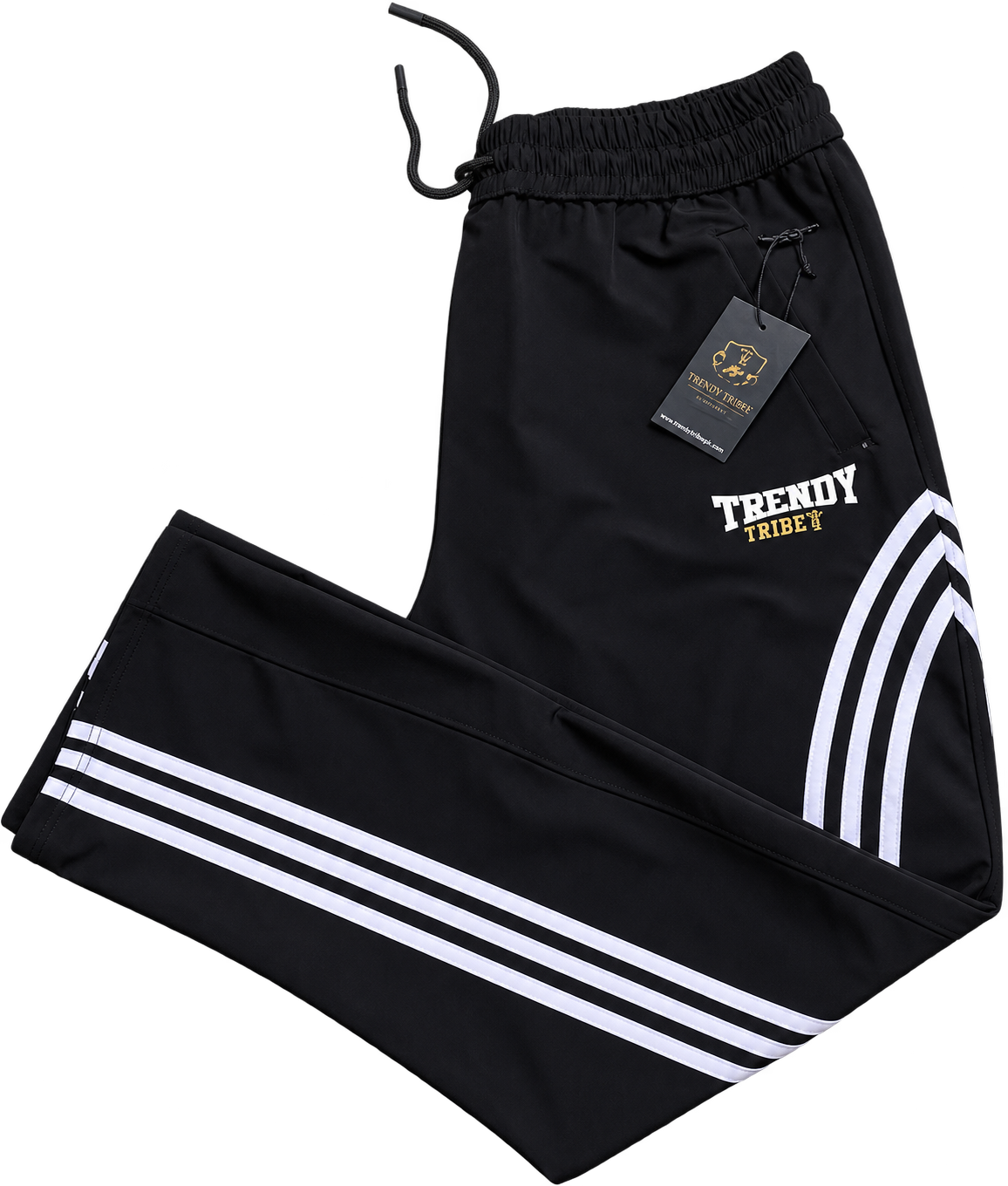 Men's black sporty track pants with white stripes