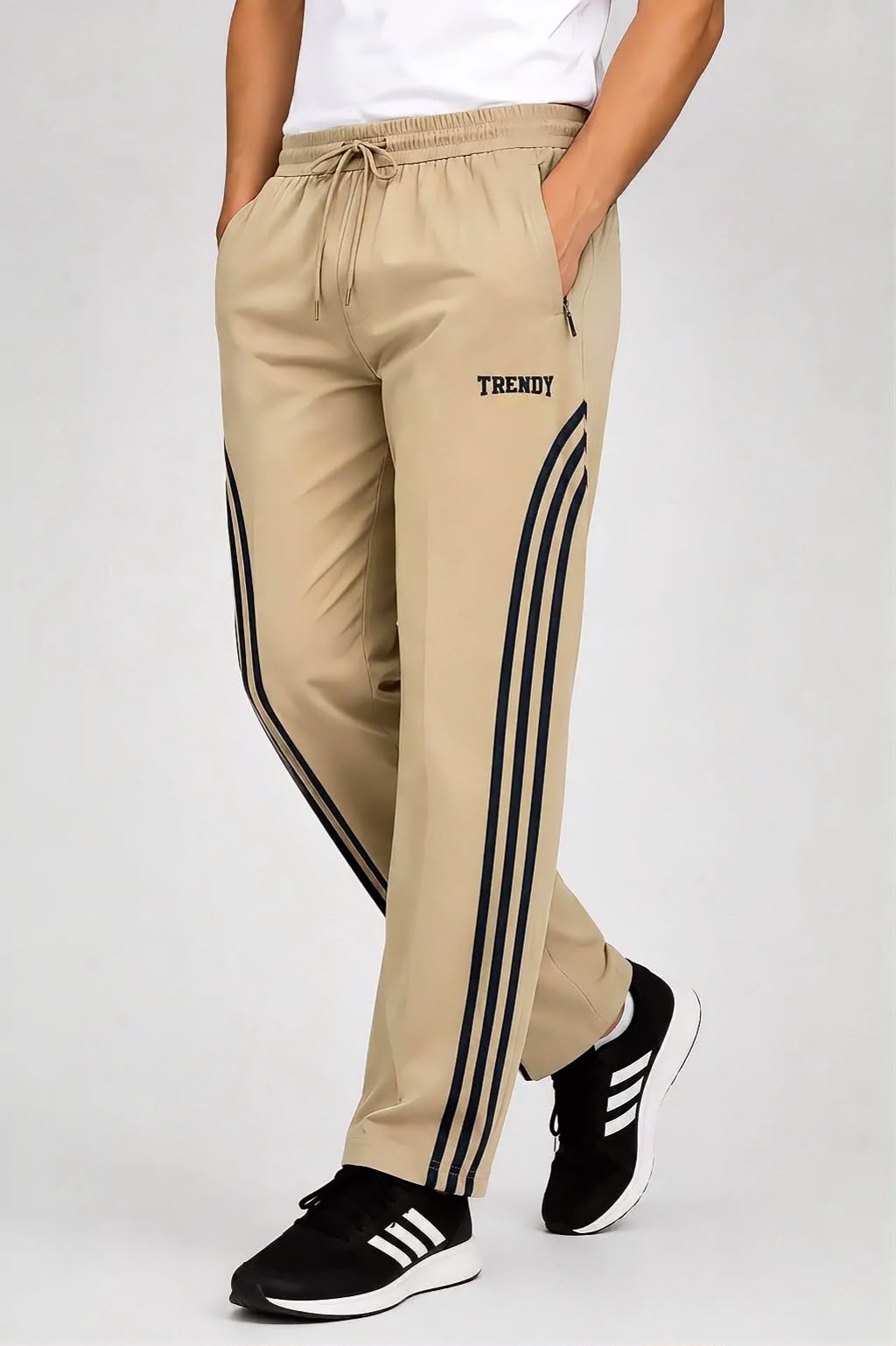 Trendy Tribe men's camel color three-stripe loose fit track pants with side stripes