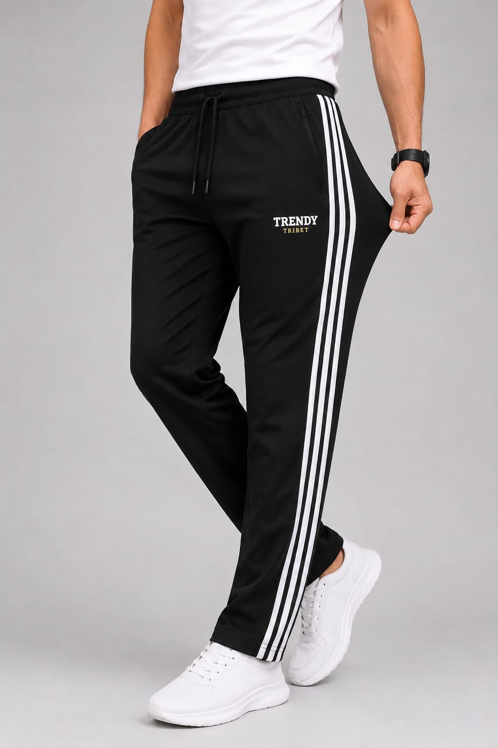 Trendy Tribe men's Black three-stripe loose fit track pants with side stripes