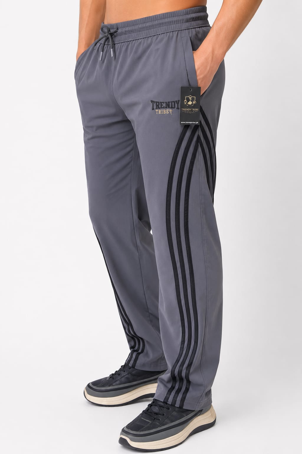 Trendy Tribe men's slate grey nylon woven terry trouser with black triple side stripes