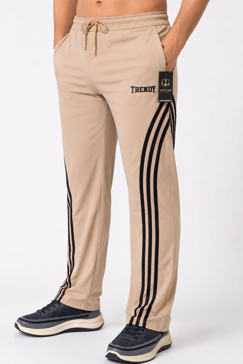 Trendy Tribe men's camel beige nylon woven terry trouser with black triple side stripes