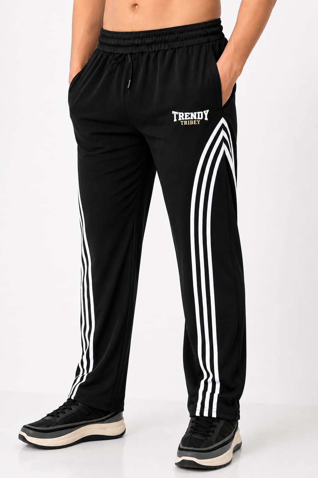 Trendy Tribe men's black nylon woven terry trouser with triple white side stripes