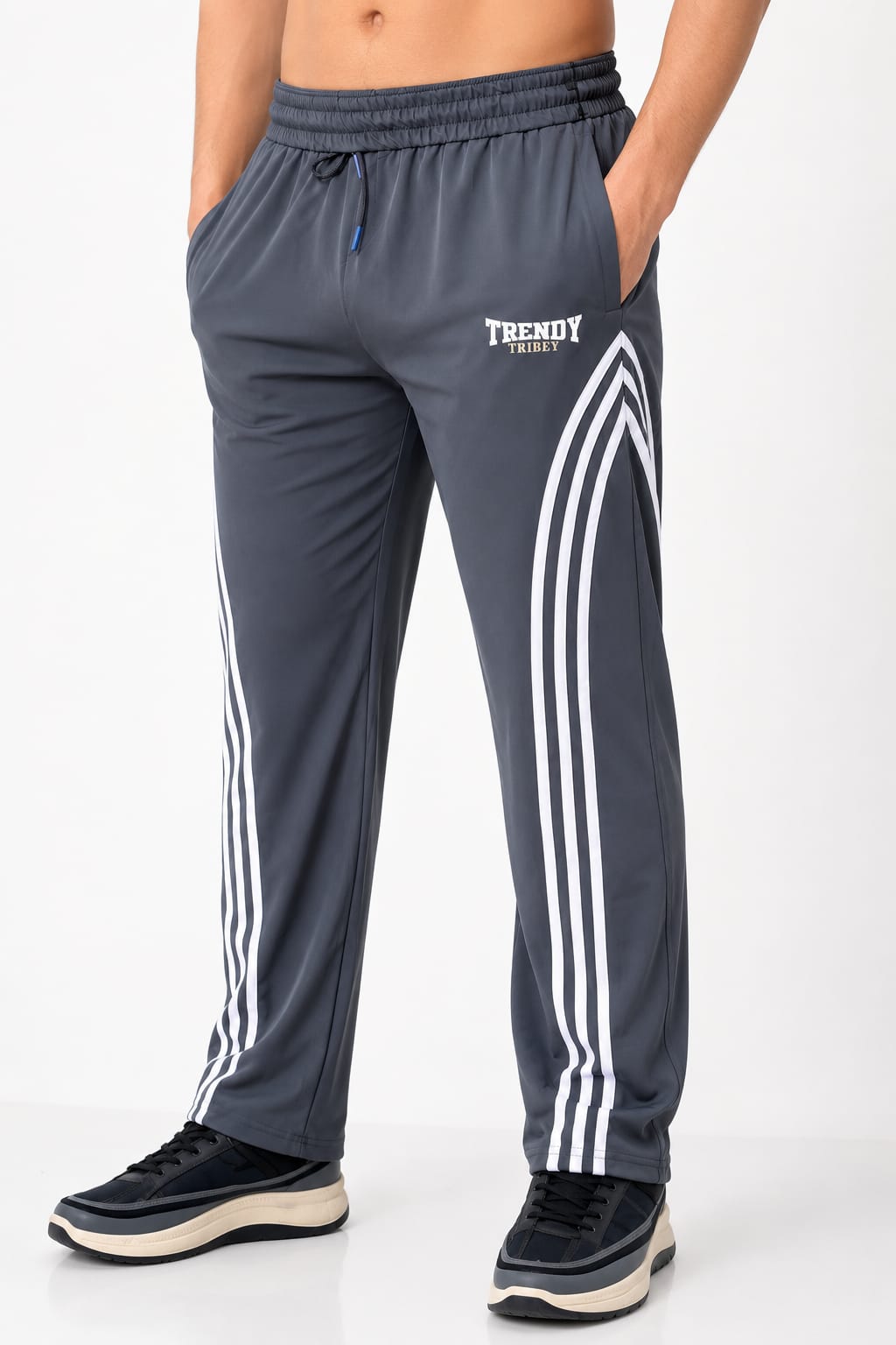 Trendy Tribe men's Grey nylon woven terry trouser with white triple side stripes