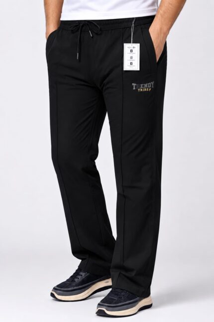 Trendy Tribe men's black nylon woven terry straight fit drawstring trouser