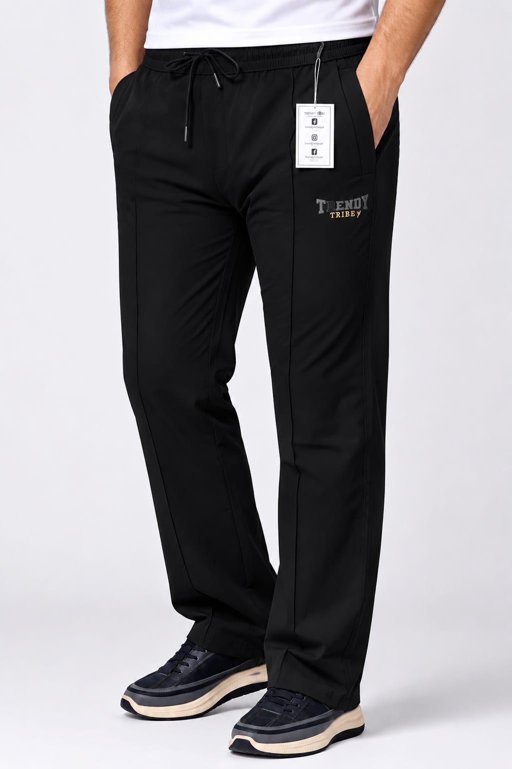 Trendy Tribe men's black nylon woven terry straight fit drawstring trouser